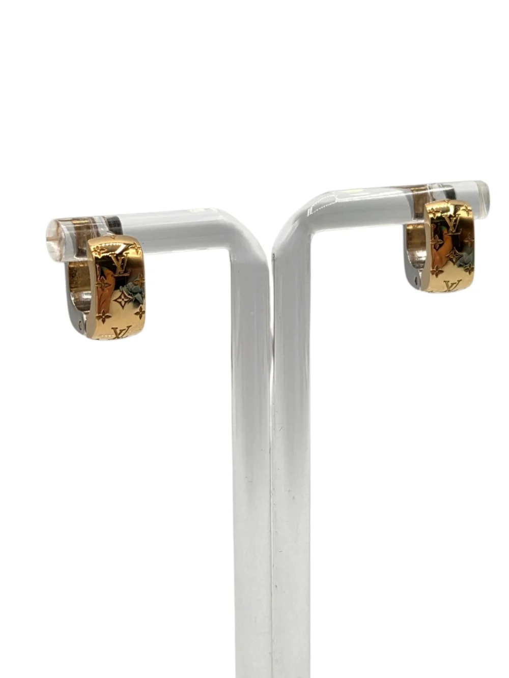 Louis Vuitton 2 Tone Nanogram Mini Hoop Earrings